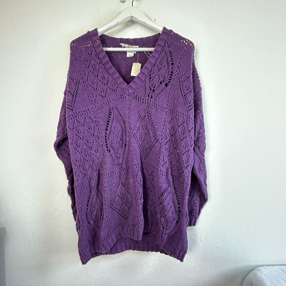 S.W.A.K. Purple Iris Knit Sweater Women’s Large V-Neck Textured Pullover NWT